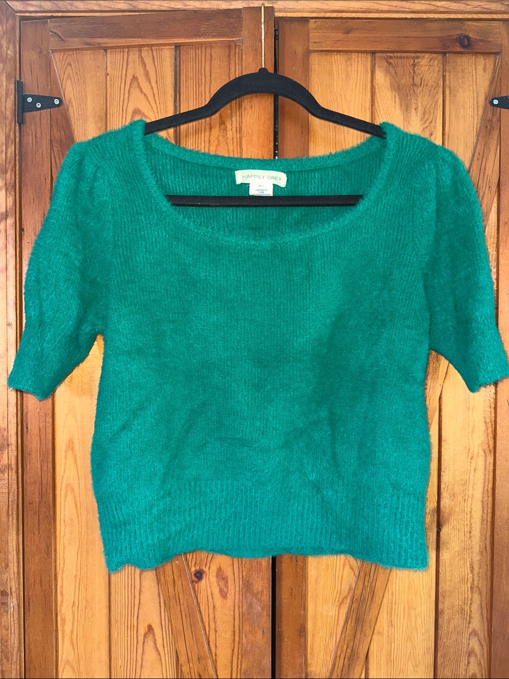 Happily Grey Emerald Scoop-Neck Fuzzy Short-Sleeve Sweater